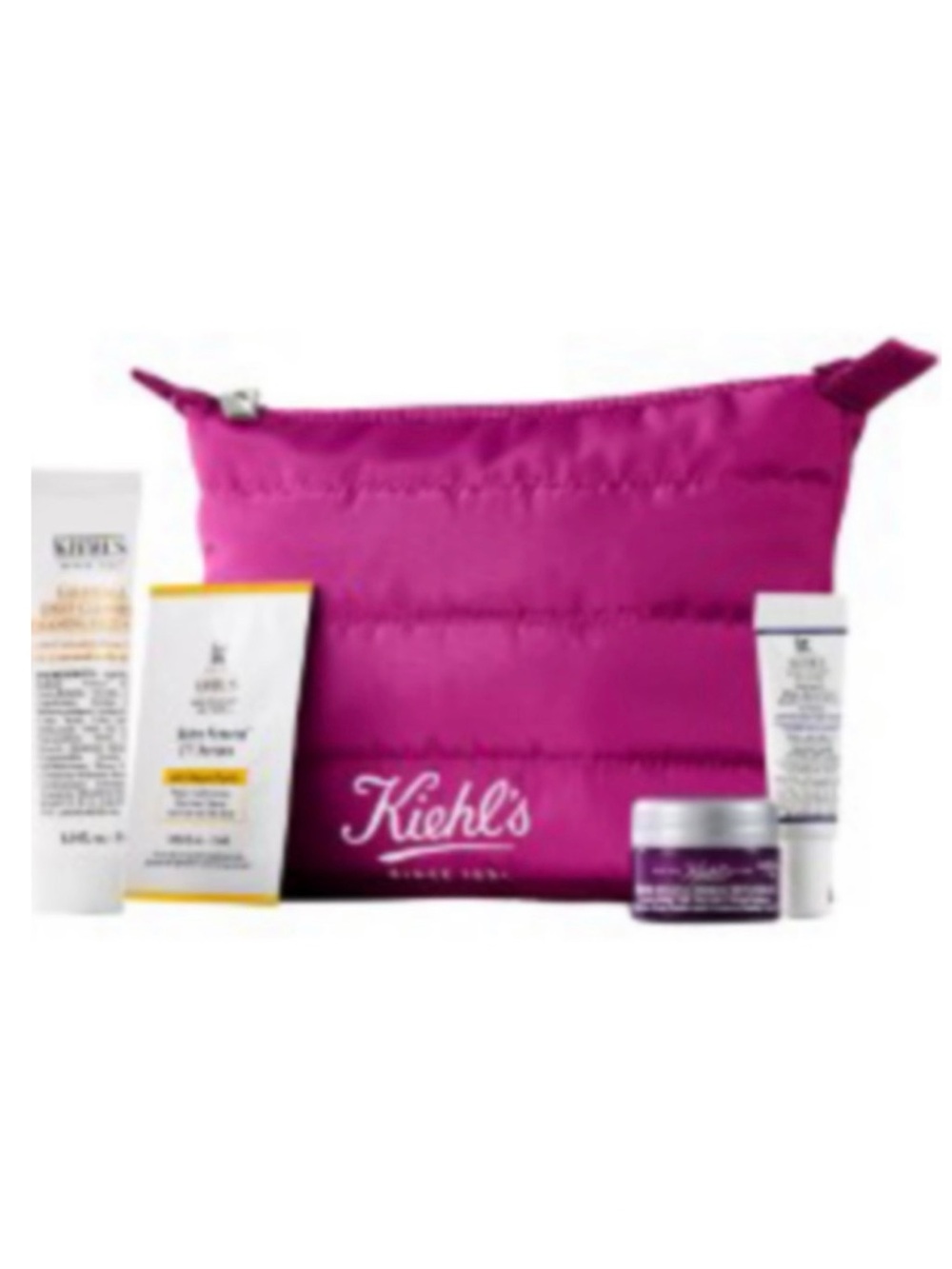 Kiehl's 4-piece skincare set and a purple quilted pouch